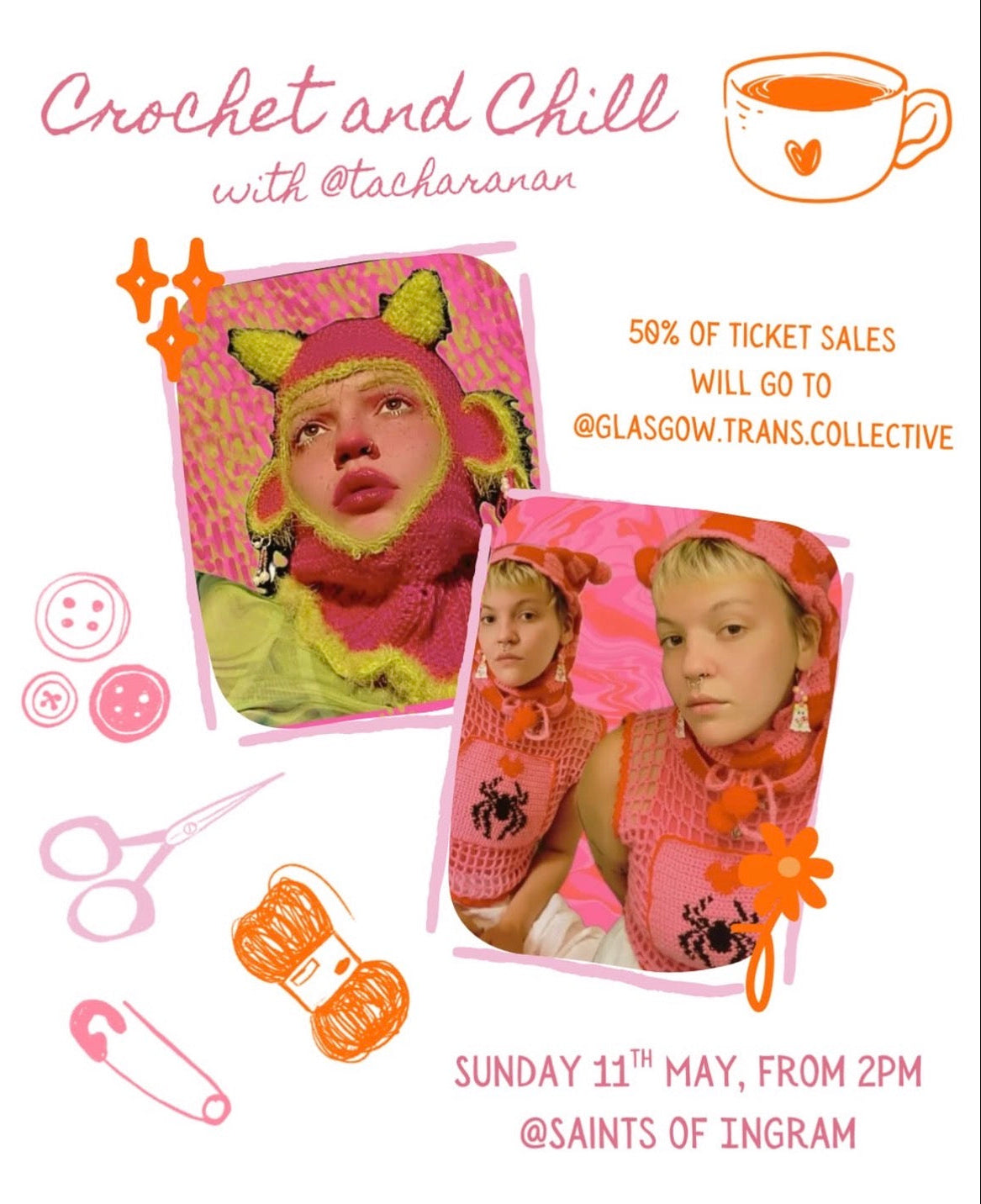 Promotional flyer for 'Crochet and Chill' event with images of people wearing knitted hats and text about ticket sales donation.